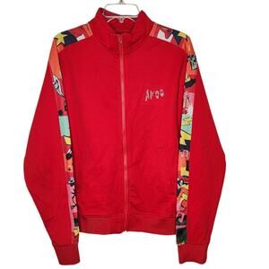 Akoo Men’s Red Full Zip Track Jacket Comic Graphic Sleeve Rhinestone Logo Large